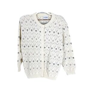 La Dame Australia Cardigan Jumper Large Ivory Floral Embroidery Grandpacore VTG